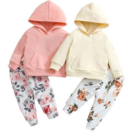New Baby Girls Clothes Set, Solid Color Long Sleeve Hooded Tops+Floral Print Trousers+Bow-knot Headband