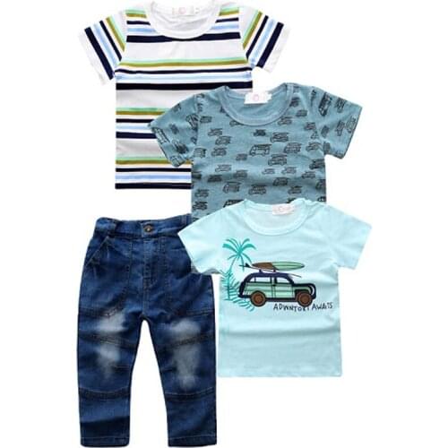 Elvesnest Kids Clothes 4 PCS Set Summer Children Boy Clothing Suits Short Sleeve Cotton 3 PCS Tops+Jeans Boys Costume 2-7 Year