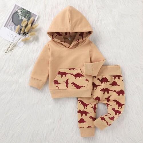 Autumn Winter Baby Boys 2pcs Clothes Suit Cotton Dinosaur Printed Pattern Hooded Pullover Tops and Elastic Waist Trousers Set