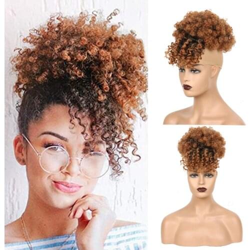 Azqueen Afro Kinky Curly Synthetic Ponytail with Bangs Ponytail Hair Extension Drawstring Short Afro Pony Tail Clip
