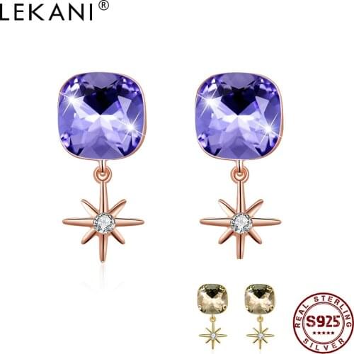 LEKANI Earrings S925 Sterling Silver Star Stud Earrings Purple Square Austria Crystal Birthday Party Female Fine Jewelry Gift