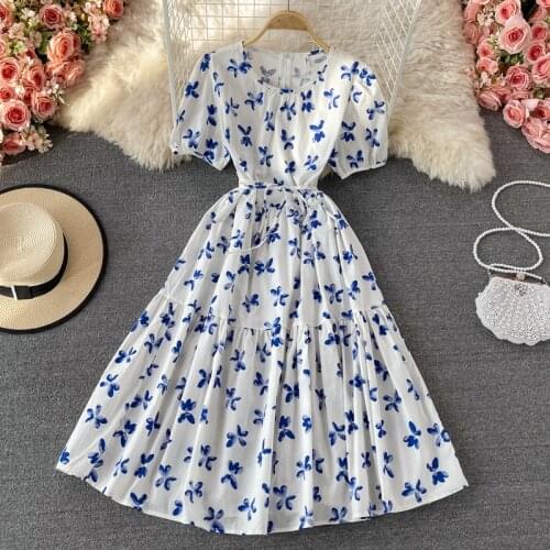 2021 summer new female gentle wind skirt retro first love puff sleeve floral dress