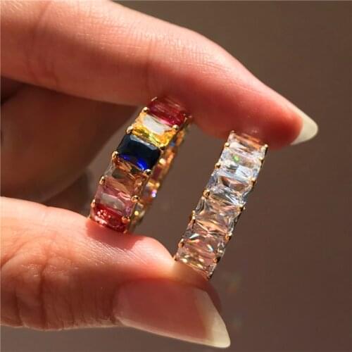 Cute Female Rainbow Crystal Stone Ring Vintage Gold Color Wedding Rings For Women Dainty Bridal Square Zircon Engagement Ring