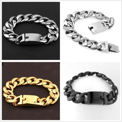New Jewelry Hip-Hop Stainless Steel Silver Color/Gold/Black Snake Pattern Cuban Curb Chain Mens Bracelet Bangle Fashion Gift