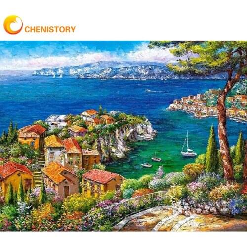 CHENISTORY Frame DIY Oil Painting By Numbers For Adults Landscape Paint On Canvas Home Decors 60x75cm Wall Artwork Seaside Gift