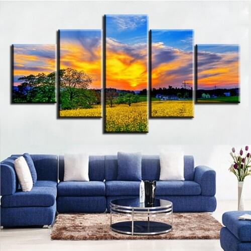 5 pc Set GOlden-flowers-field-w-mtns-sunset NO FRAME Oil Painting Canvas Prints Wall Art Pictures For Living Room Decorations