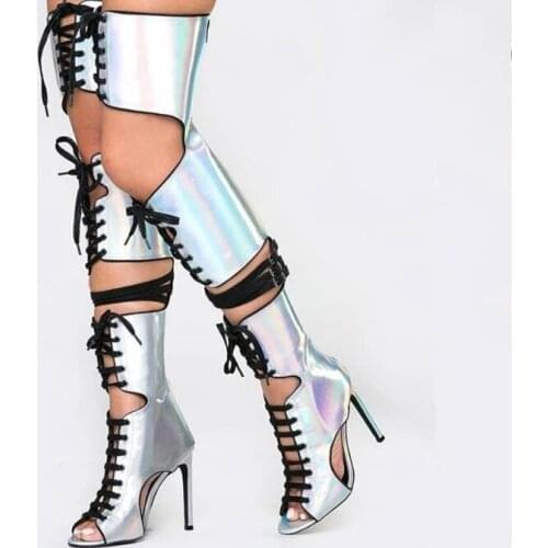 New Arrivals Multicolor Laser Leather Over The Knee Thigh High Boots Peep Toe Cut-out Lace-up Gladiator Belt Runway Booties