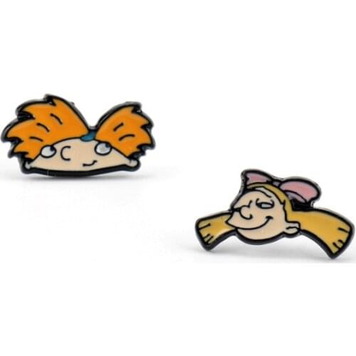 Wholesale 5 Pcs Japanese Anime Hey Arnolds Earrings Harajuku Cartoon Asymmetric Zinc Alloy Ear Rings for Women Men Jewelry Gifts