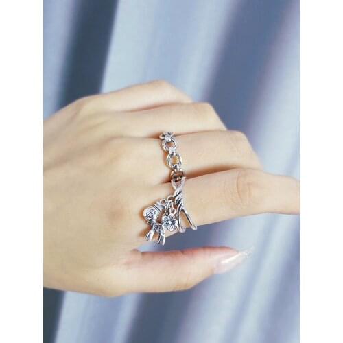 S925 Sterling Silver Open Ring with Flower Horse dollar Temperament Personality Lucky Bag Index Finger Ring for Birthday Gift