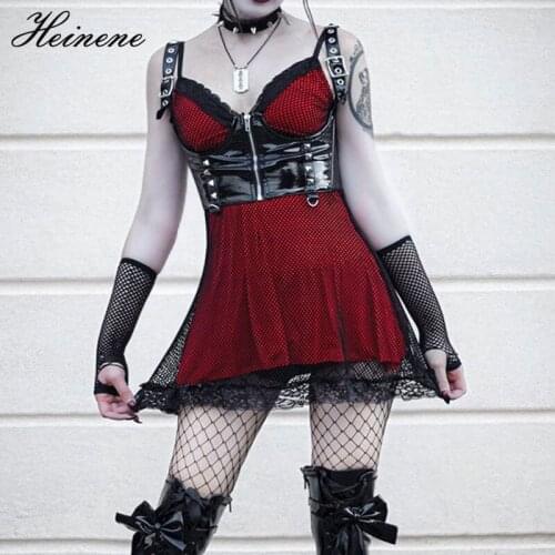 Heinen Goth Sexy Black V Neck Mesh Dress Harajuku High Waist Spaghetti Straps Backless Mini Dresses Y2K Elegant Party Club Wear