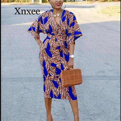 African style long Dress Women Print V-neck Long Straps blue African Dresses for Women Dashiki Print Robe Party wedding party