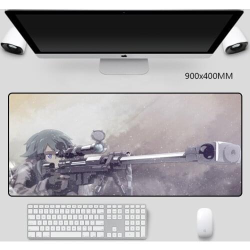 Sword Art Anime Girl with Gun Picture Mouse Pads Anti-slip Rubber Pads Gamer Desktop Mice Mat 900x400mm Large XXL for Anime Fans