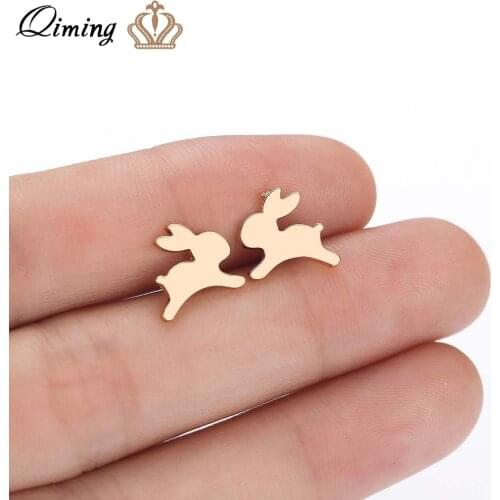 QIMING Cute Rabbit Stainless Steel Stud Earrings For Women Animal Jewelry Earrings Female Gold Women Earrings Bts Accessories
