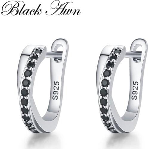 Black Awn Classic 925 Sterling Silver Round Black Trendy Spinel Engagement Hoop Earrings for Women Fine Jewelry Bijoux I197