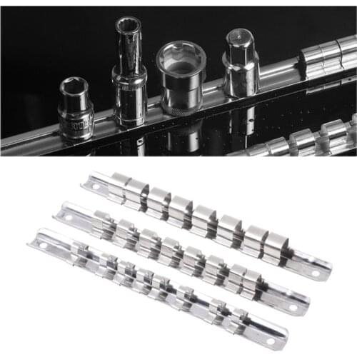 Socket Rack Holder 1/4" 3/8" 1/2" With 8 Clips On Rail Tool Organizer Storage Stainless Steel Wall-mounted For Garage & Workshop