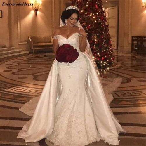 Mermaid Wedding Dresses 2021 Detachable Train Lace Appliques Beaded Bridal Gowns Bride Dress Vestidos De Noiva Robe De Mariage