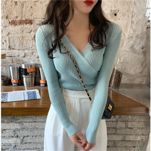 Koean Chic Knitted Sweater Autumn Winter Sexy Slim Sweaters Women Full Sleeve Crop Top Undershirt Knitwear Jumper Pull Femme