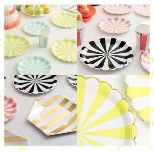 8Pcs Colorful Stripe Disposable Party Tableware Paper Plates Foil Silver 7inch Birthday Bridal Shower Children Party Decor CP070