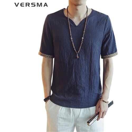 VERSMA Fashion Casual Cotton T-shirt Men Camisa Masculina Solid Color Short Sleeve T Shirt Men Traditional Chinese Clothing 5XL