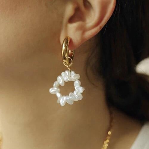 Vintage Pearl Earrings Delicate 303 Stainless Steel Stunning 18K PVD Gold Plated Hoop Earrings Drop Jewelry for Women