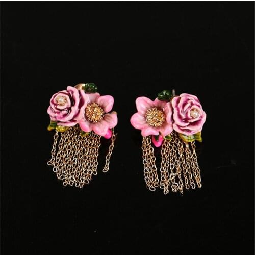 Oriental Rose Tassel Earrings Female Ffashion Net Red Temperament Enamel Color Glaze Two-color Flower Tassel Green Leaf Earrings
