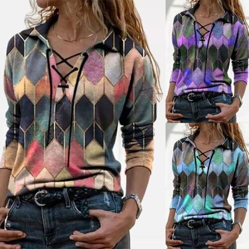 Autumn Winter Casual Women Top Loose Print Long Sleeve V-neck T-shirt Vintage Geometric Printing Tee Office Lady Polo Shirt