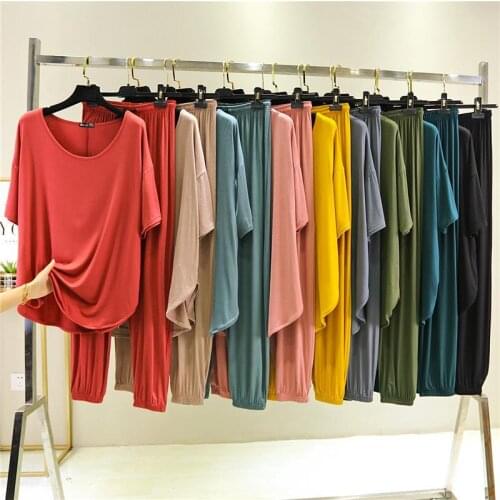 2020 Summer New Women Suits Female Modal Round Neck Short Sleeve Two-Piece Set Ladies Casual Pants Ladies Pajamas 2pcs Suit L270