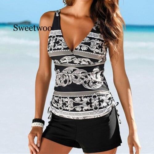 2020 Two Piece Swimwear Women Plus Size Tankini Swimsuits with Shorts V neck Tankinis Set Swim Wear Black Print Bathing Suit 2XL