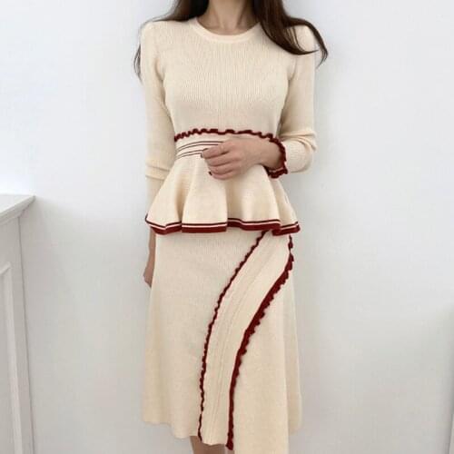 Ruffles Knitted Korean Two Piece Skirt Suits Sets Women 2020 Autumn Long Sleeve Sweater + Skirt Outfits Fashion Ladies Sets