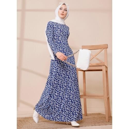 Patterned Dress-Saks Blue Muslim Abayas Dresses for Abaya Evening Dresses Summer Spring Women Long Dress