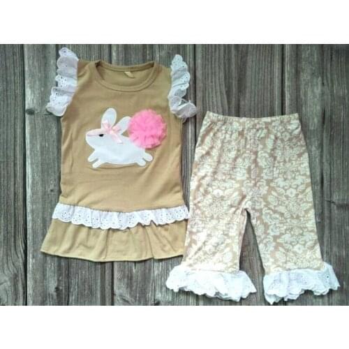 2019 cute rabbit outfits baby girls flying sleeve lace t shirts+ruffle pants 2 pcs sets kids boutique childrens clothing gxj