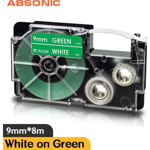 Absonic XR-9AGN White on Green 9mm Labeling Tape for Casio KL-60 KL-120 KL-130 KL750 KL780 KL820 KL-750KR KL-750B KL-750BA Print