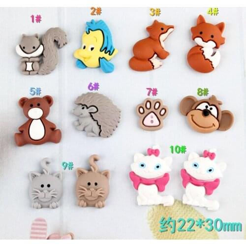 Free Shipping 10pcs 22*30mm Kawaii Resin Cabochon Ornament Accessories Cute Animal Bear Cat Monkey Fish Clay Beads Charms Cameo