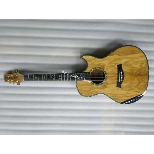 Free shipping all solid european olive wood guitar GA cutaway custom florentine armrest 14 frets olivewood acoustic guitar