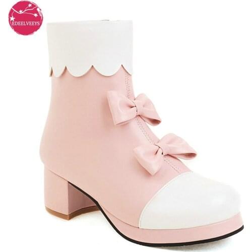 Lovely Girls Princess Lolita Ankle Boots Women Winter Block Med Heels Ruffles Pearls Bow Knot Dress Party Shoes Plus Size 34-45