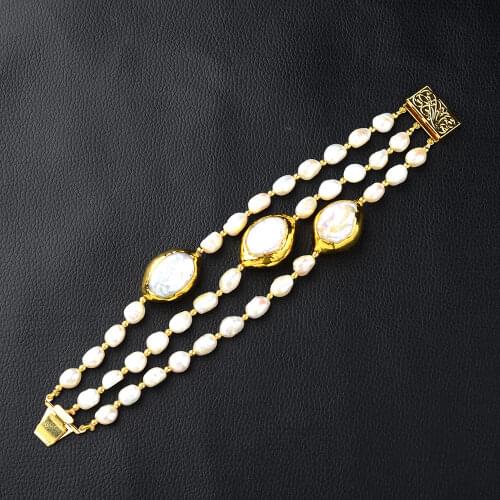 8'' 3 Rows White Baroque Pearl White Keshi Pearl Bracelet