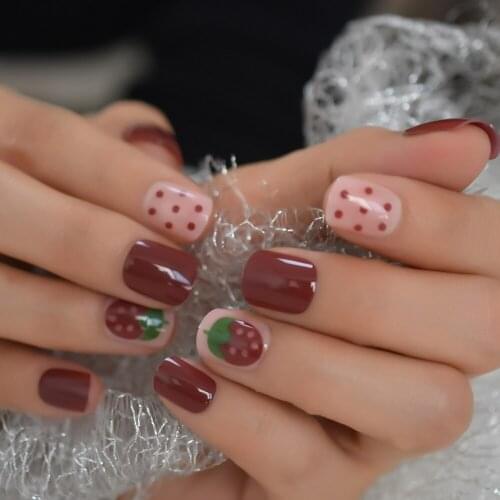 Strawberry Petie Fake Nails Dark Red Daily Wear Short Small Press On False Nails Japanese Style Sweet 24 CT