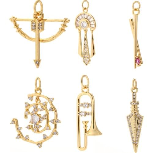 Geometric Pendant Charms Cubic Zircon Gold Cone Eros Arrow Brass Instrument Designer Cute Earring Charms Diy Necklace Bracelet