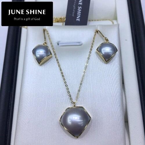 JS001 [Triangle pearl necklace & earrings Jewelry Set] real pearls & 18K gold earring for women wedding jewelry gift