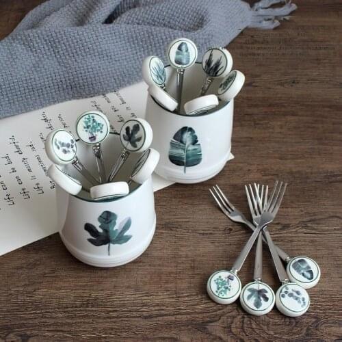 Ceramic Stainless Steel Cutlery Set Nordic Green Plant Food Fork Fruit Dessert Cake Fork 6 Piece Set Home Kitchen Supplies
