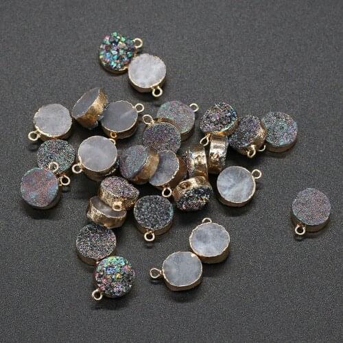 2pcs Natural Stone Pendant Small Round Druzy Agates Pendant for Charms Jewelry Making Necklace Earrings for Women 12x16mm