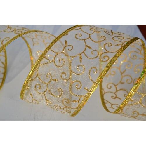 63mm 2.5" Chrismtas gold metallic gift packaging wired edge ribbon 10 Yard/lot Gold color Lace Ribbon Christmas Present