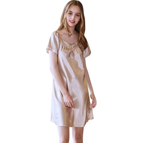 Lace Nightgown for Women Nightdress Summer Thin Section Short Sleeve Silk Mid-length Plus Size Women Sleepwear M-3XL