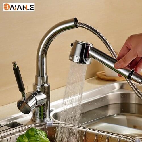 Kitchen Faucet with Pull Down Sprayer Brass 360 Degree Swivel Single Handle Single Hole Pull Out Kitchen Sink Faucets Chrome