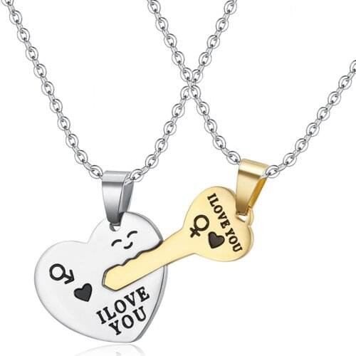 Fashion Lock And Key Stainless Steel Couple Sets Necklace Pendant Heart Shape For Men Women Jewelry Wedding Lovers Gift