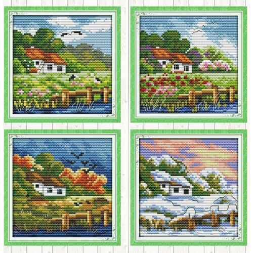 Seasons Scenery 14ct 11ct Count Print Canvas Fabric Embroidery Kits DIY Crafts Cross Stitch Kit Needlework Embroidery Patterns