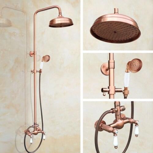 Wall Mounted Dual Ceramics Handles Levers Vintage Antique Copper Bathroom Rain Shower Faucet Dual Handles Mixer Tap arg584