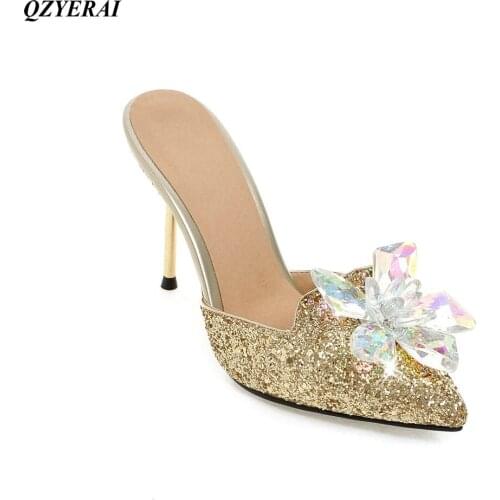 Summer new arrival metal high heel ladies sandals flower slippers womens shoes European American sexy slippers single shoes