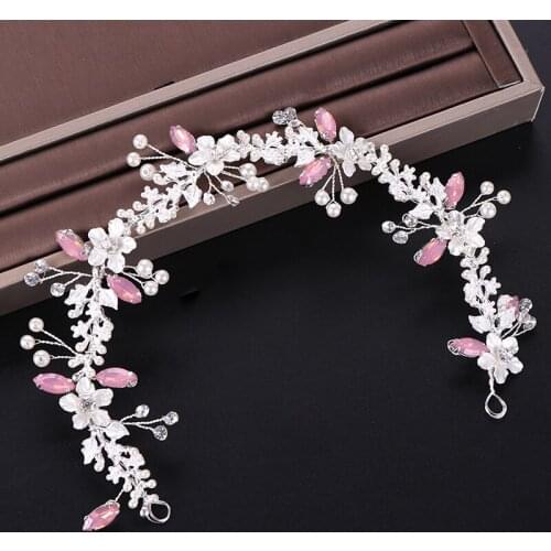 New Silver Color Flower Headband Pink Crystal Pearl Headpiece For Wedding Hair Accessories Women Hairbands Hot Sale Hair Jewelry