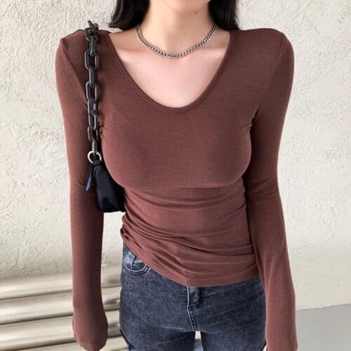 Autumn Brown Long Sleeve Womens Tshirts Slim Bodycon O Neck T-shirt Cotton Korean Fashion Soild Tee Shirt Femme Top Women 2021